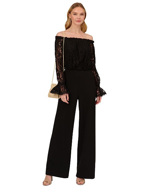 Adrianna Papell Off-The-Shoulder Lace Jumpsuit Women's Fashion Shoes & Accessories