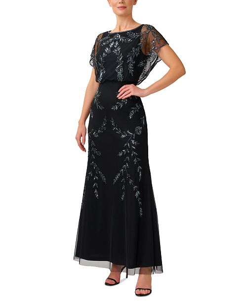 Adrianna Papell Papell Studio Women's Beaded Flutter-Sleeve Blouson Gown Women's Fashion Shoes & Accessories