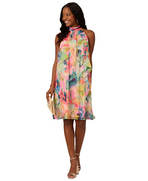 Adrianna Papell Petite Printed Chiffon Halter Dress Women's Fashion Shoes & Accessories