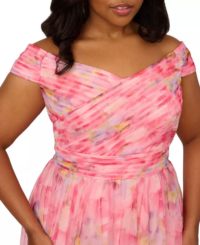 Adrianna Papell Plus Size Printed Tulle Off-the-Shoulder Gown Women's Fashion Shoes & Accessories
