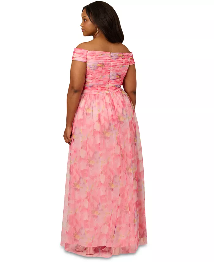 Adrianna Papell Plus Size Printed Tulle Off-the-Shoulder Gown Women's Fashion Shoes & Accessories