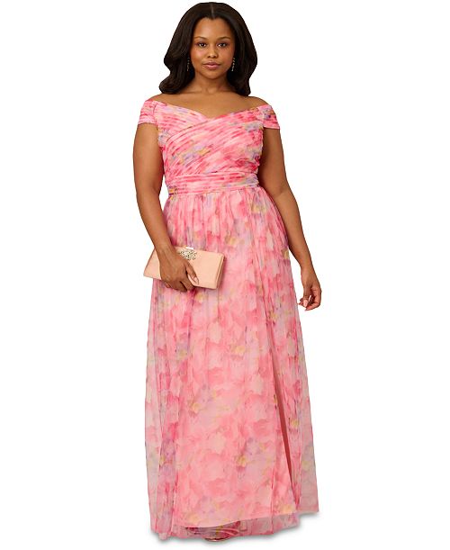Adrianna Papell Plus Size Printed Tulle Off-the-Shoulder Gown Women's Fashion Shoes & Accessories