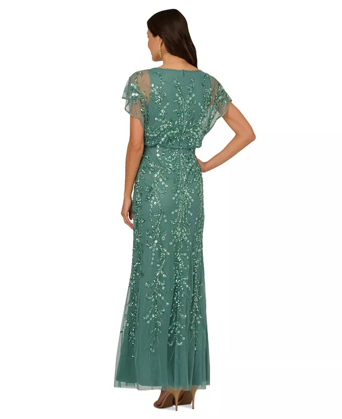 Adrianna Papell Women's Beaded Blouson-Sleeve Gown Women's Fashion Shoes & Accessories