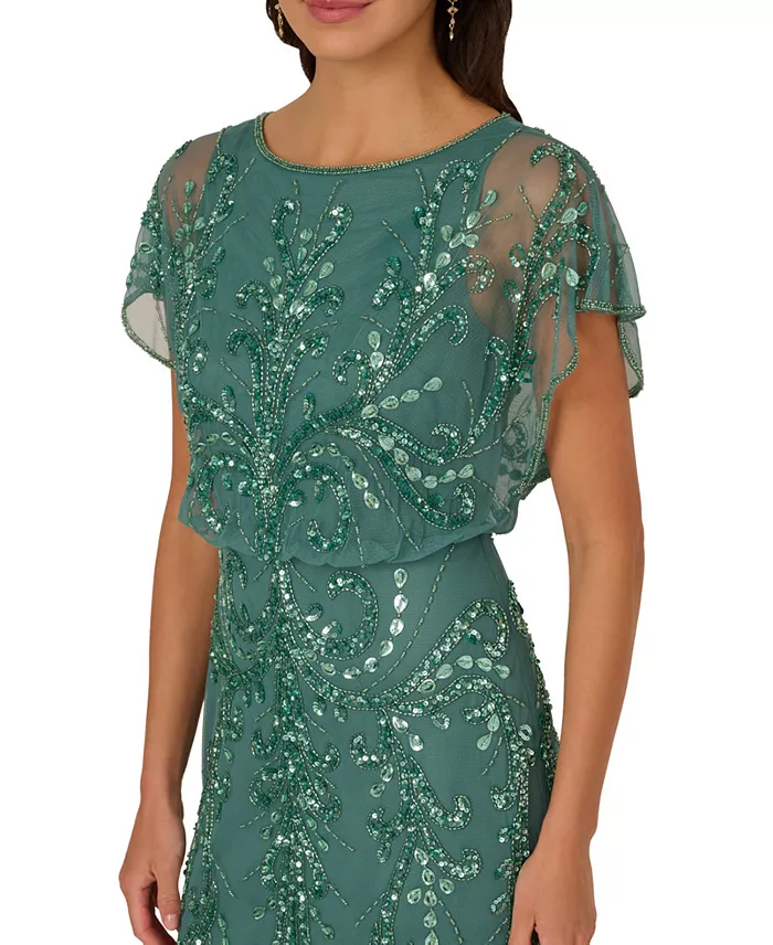 Adrianna Papell Women's Beaded Blouson-Sleeve Gown Women's Fashion Shoes & Accessories