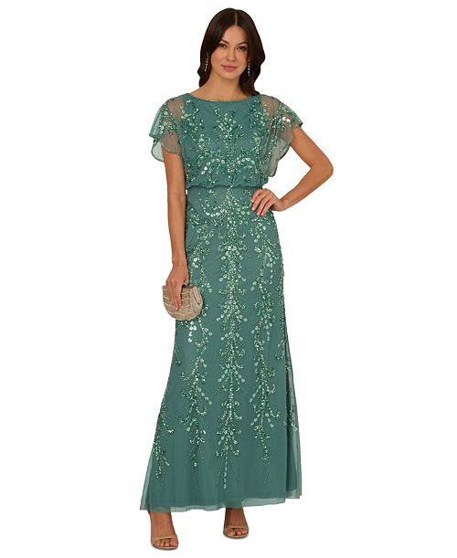 Adrianna Papell Women's Beaded Blouson-Sleeve Gown Women's Fashion Shoes & Accessories