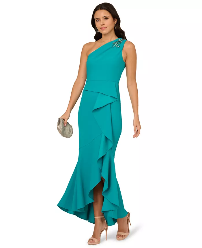 Adrianna Papell Women's Beaded One-Shoulder Crepe Gown Women's Fashion Shoes & Accessories