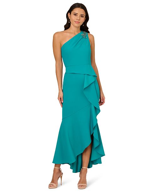 Adrianna Papell Women's Beaded One-Shoulder Crepe Gown Women's Fashion Shoes & Accessories