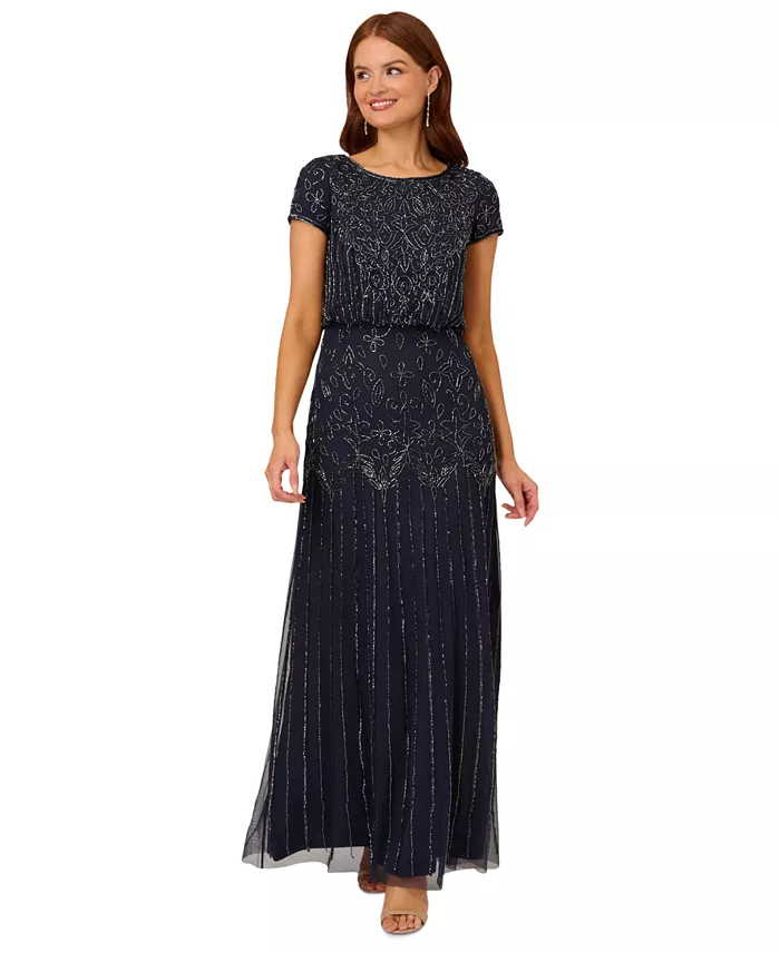 Adrianna Papell Women's Beaded Short-Sleeve Sheer-Overlay Gown Women's Fashion Shoes & Accessories