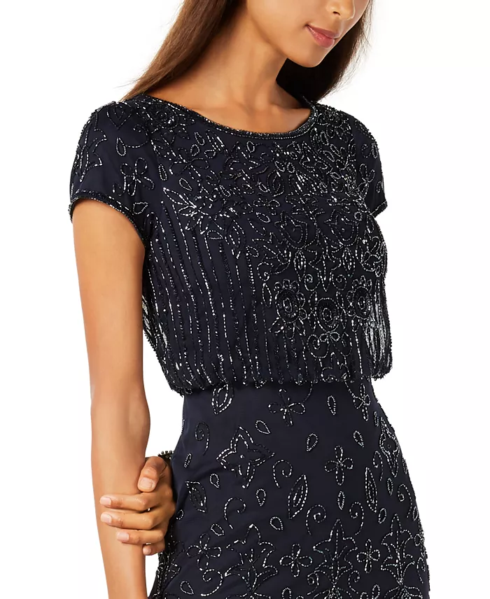 Adrianna Papell Women's Beaded Short-Sleeve Sheer-Overlay Gown Women's Fashion Shoes & Accessories