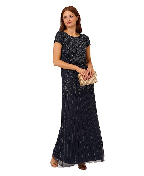 Adrianna Papell Women's Beaded Short-Sleeve Sheer-Overlay Gown Women's Fashion Shoes & Accessories