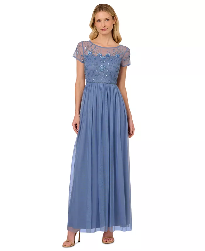 Adrianna Papell Women's Boat-Neck Beaded Mesh Dress Women's Fashion Shoes & Accessories