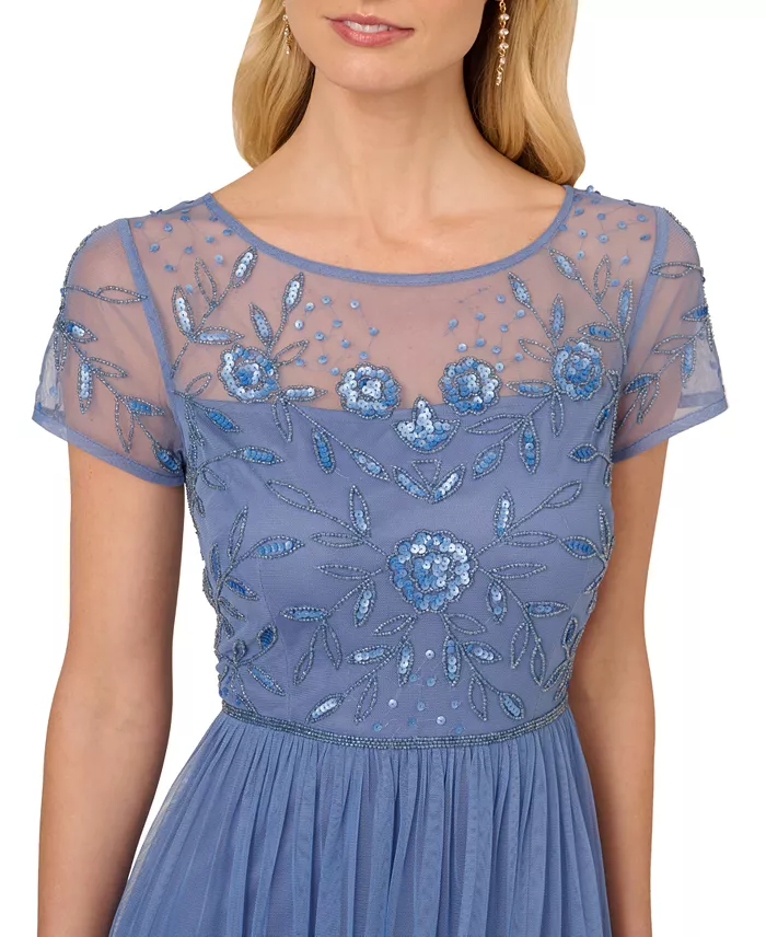 Adrianna Papell Women's Boat-Neck Beaded Mesh Dress Women's Fashion Shoes & Accessories