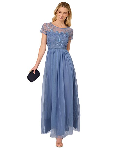 Adrianna Papell Women's Boat-Neck Beaded Mesh Dress Women's Fashion Shoes & Accessories