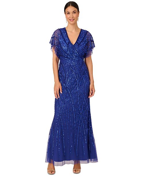 Adrianna Papell Women's Embellished Flutter-Sleeve Gown Women's Fashion Shoes & Accessories