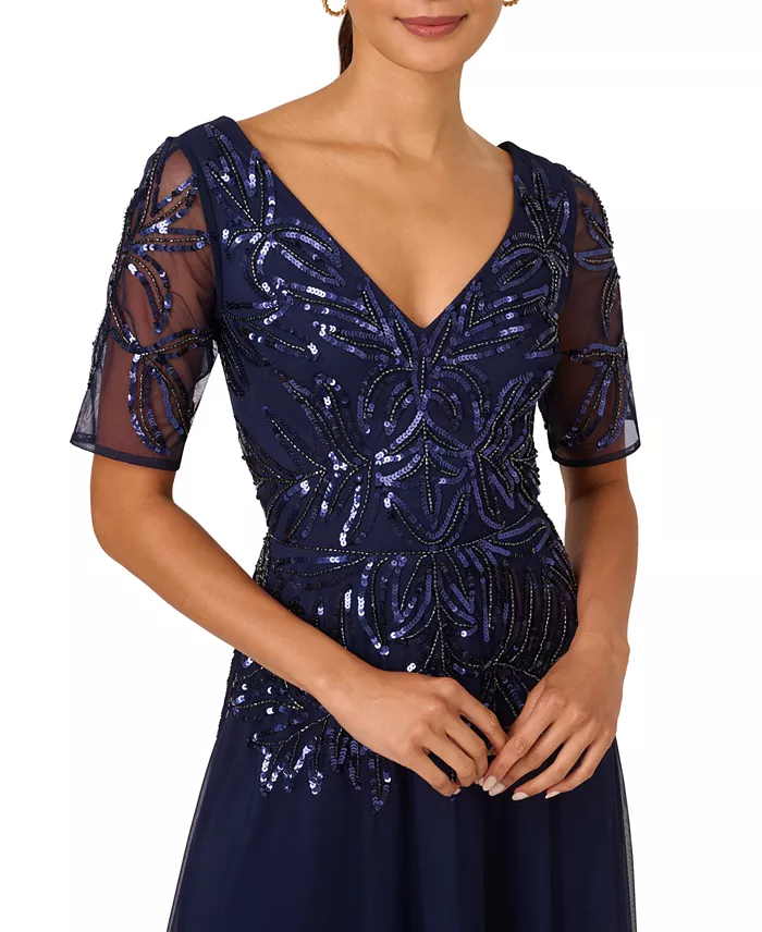 Adrianna Papell Women's Embellished Mesh V-Neck Gown Women's Fashion Shoes & Accessories