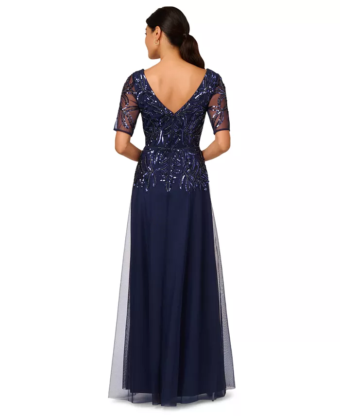 Adrianna Papell Women's Embellished Mesh V-Neck Gown Women's Fashion Shoes & Accessories