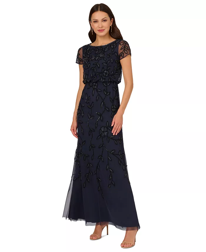 Adrianna Papell Women's Floral Blouson Embellished Gown Women's Fashion Shoes & Accessories