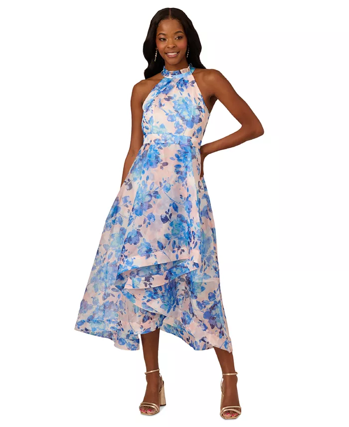 Adrianna Papell Women's Floral Halter High-Low Midi Dress Women's Fashion Shoes & Accessories