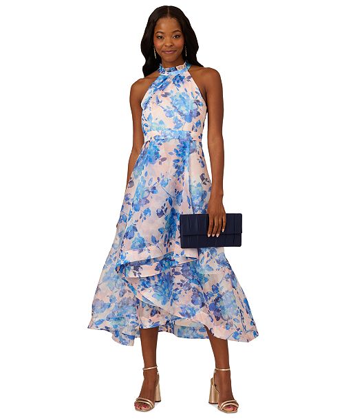 Adrianna Papell Women's Floral Halter High-Low Midi Dress Women's Fashion Shoes & Accessories