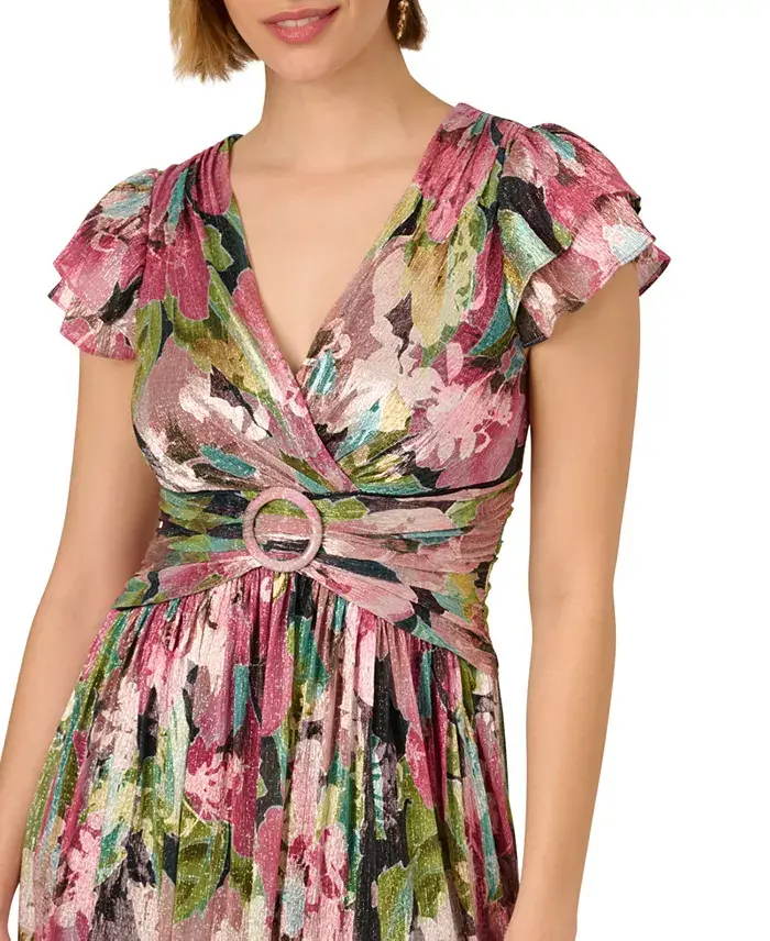 Adrianna Papell Women's Floral Metallic Crinkle Gown Women's Fashion Shoes & Accessories