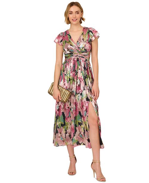Adrianna Papell Women's Floral Metallic Crinkle Gown Women's Fashion Shoes & Accessories
