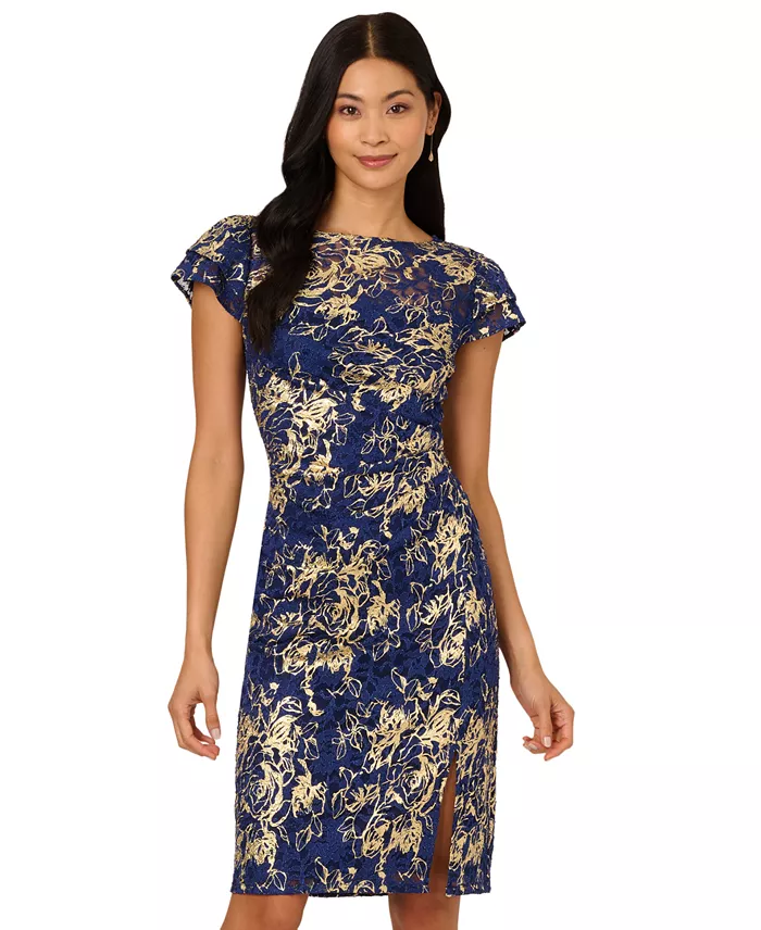 Adrianna Papell Women's Lace Foil Flutter-Sleeve Sheath Dress Women's Fashion Shoes & Accessories
