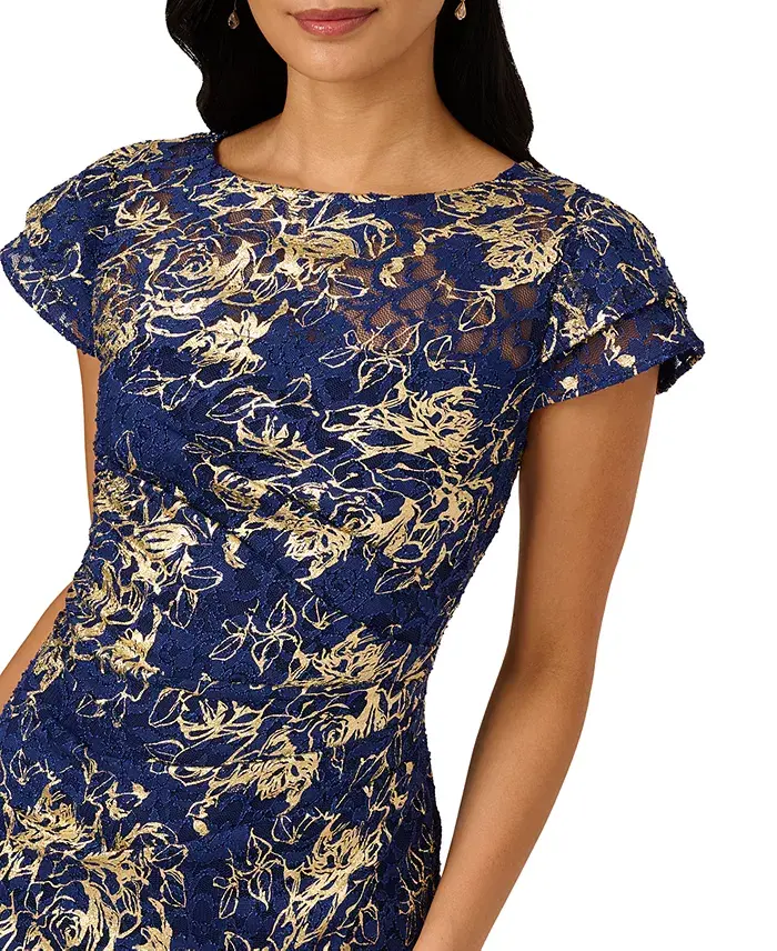 Adrianna Papell Women's Lace Foil Flutter-Sleeve Sheath Dress Women's Fashion Shoes & Accessories