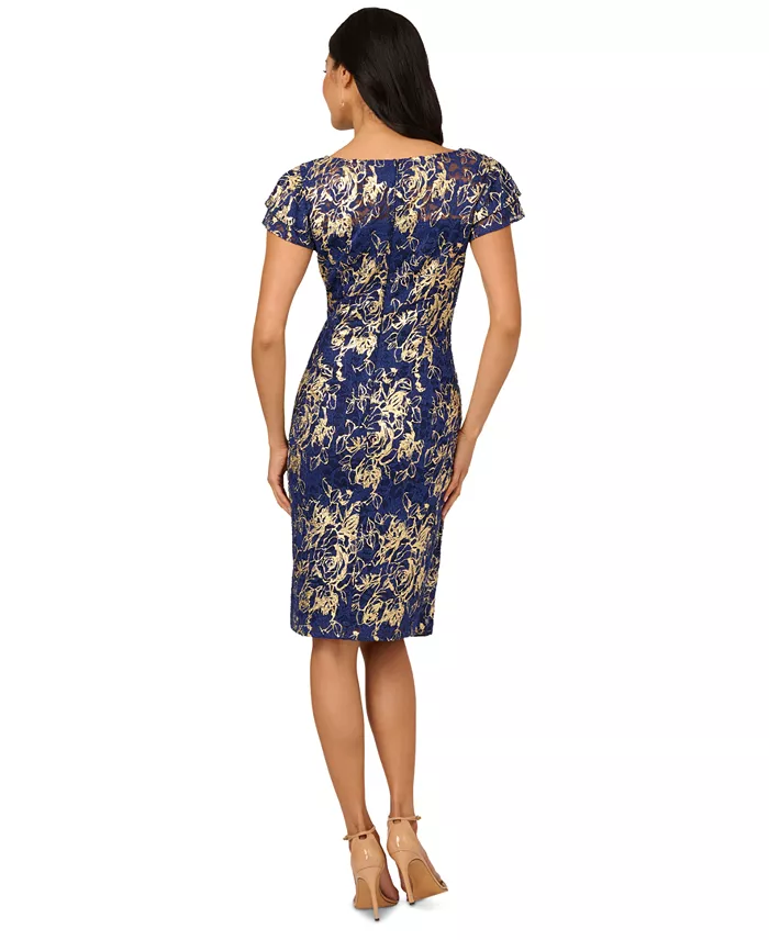 Adrianna Papell Women's Lace Foil Flutter-Sleeve Sheath Dress Women's Fashion Shoes & Accessories
