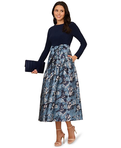 Adrianna Papell Women's Long-Sleeve Jacquard Ball Gown Women's Fashion Shoes & Accessories