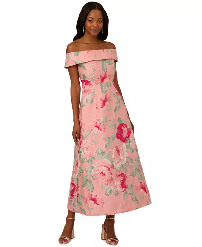 Adrianna Papell Women's Off-The-Shoulder Floral-Jacquard Dress Women's Fashion Shoes & Accessories