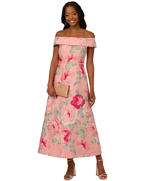Adrianna Papell Women's Off-The-Shoulder Floral-Jacquard Dress Women's Fashion Shoes & Accessories