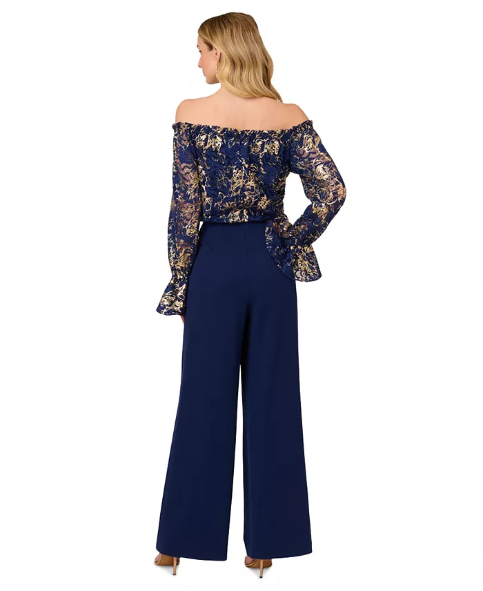 Adrianna Papell Women's Off-The-Shoulder Lace & Crepe Jumpsuit Women's Fashion Shoes & Accessories