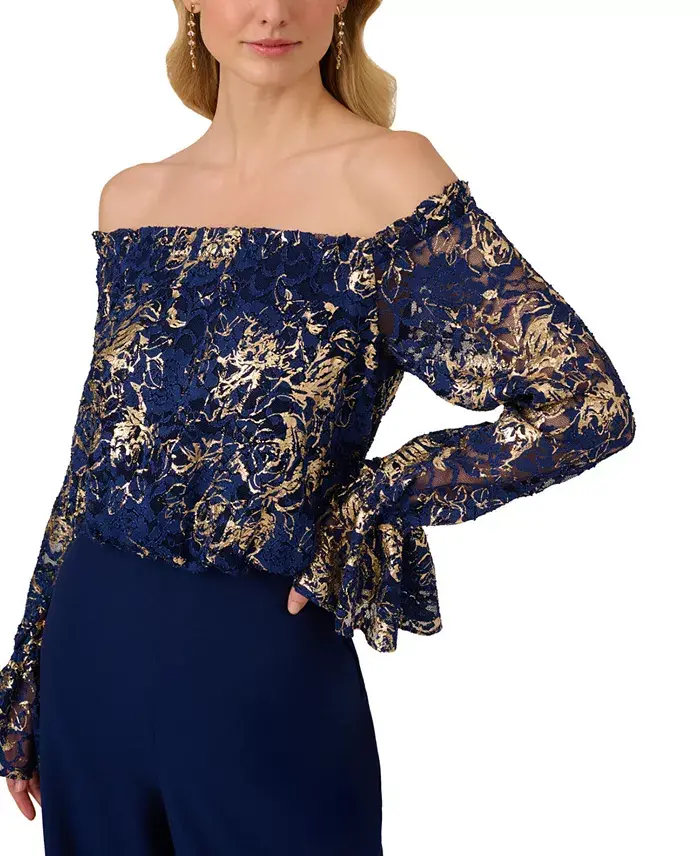 Adrianna Papell Women's Off-The-Shoulder Lace & Crepe Jumpsuit Women's Fashion Shoes & Accessories