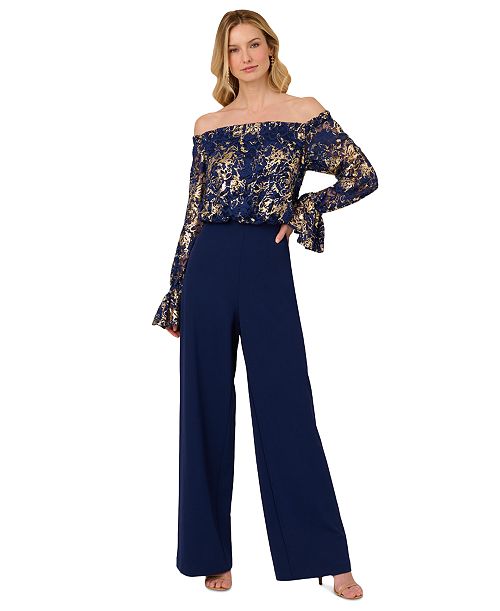 Adrianna Papell Women's Off-The-Shoulder Lace & Crepe Jumpsuit Women's Fashion Shoes & Accessories