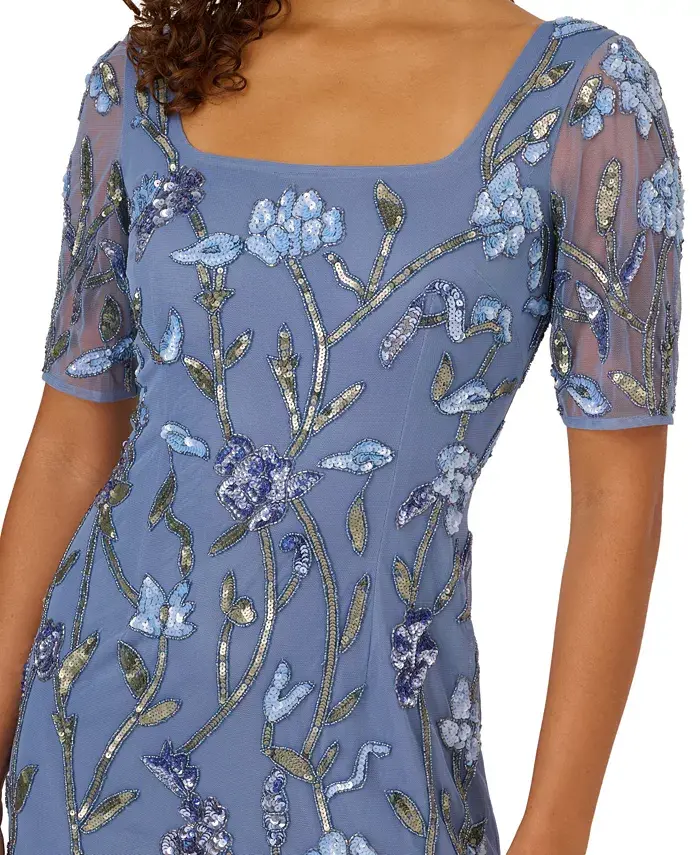 Adrianna Papell Women's Square-Neck Beaded Mesh Gown Women's Fashion Shoes & Accessories