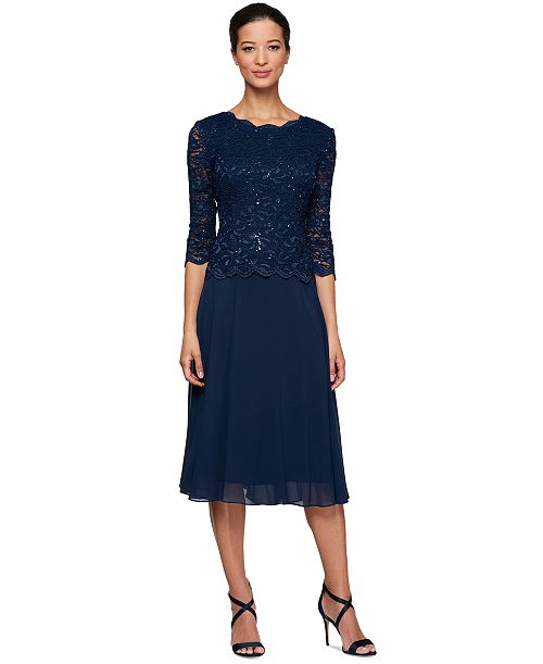 Alex Evenings Alex s Sequined Lace Contrast Midi Dress Women's Fashion Shoes & Accessories