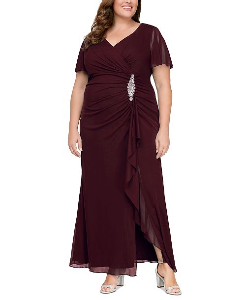 Alex Evenings Plus Size Flutter-Sleeve Embellished-Trim Gown Women's Fashion Shoes & Accessories