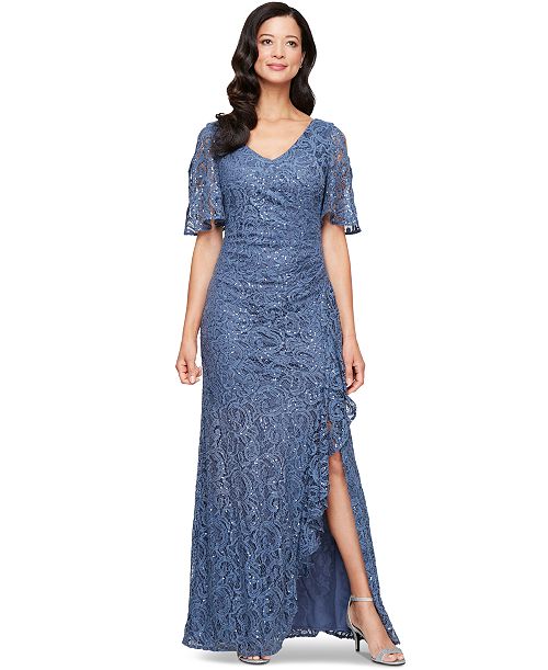 Alex Evenings Women's Sequinned-Lace Cold-Shoulder Gown Women's Fashion Shoes & Accessories