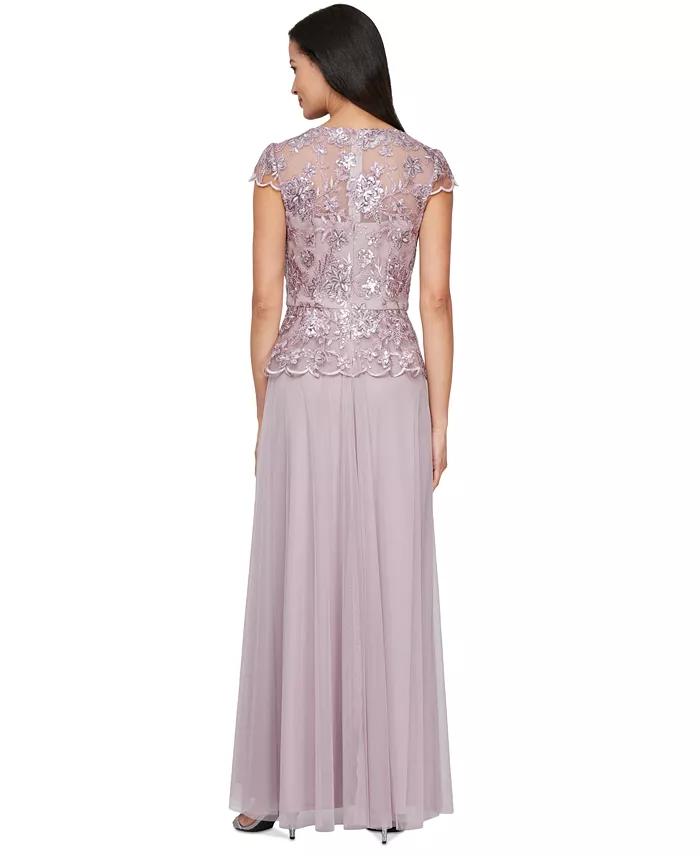Alex Evenings Women's V-Neck Cap-Sleeve Embroidered Gown Women's Fashion Shoes & Accessories