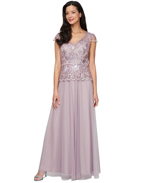 Alex Evenings Women's V-Neck Cap-Sleeve Embroidered Gown Women's Fashion Shoes & Accessories