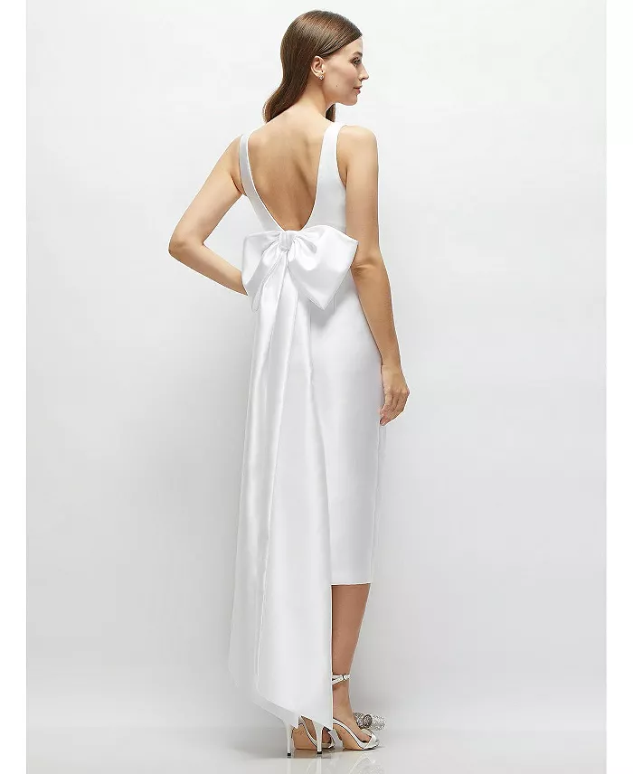 Alfred Sung Scoop Neck Corset Satin Midi Dress With Floor-Length Bow Tails Women's Fashion Shoes & Accessories