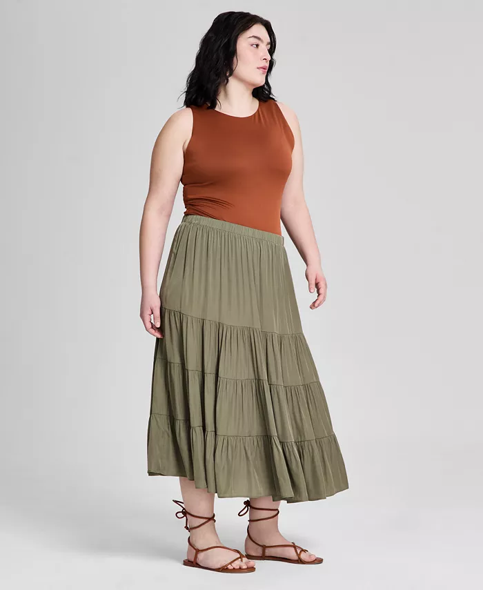 And Now This Plus Size Pull-On Tiered Midi Skirt Women's Fashion Shoes & Accessories