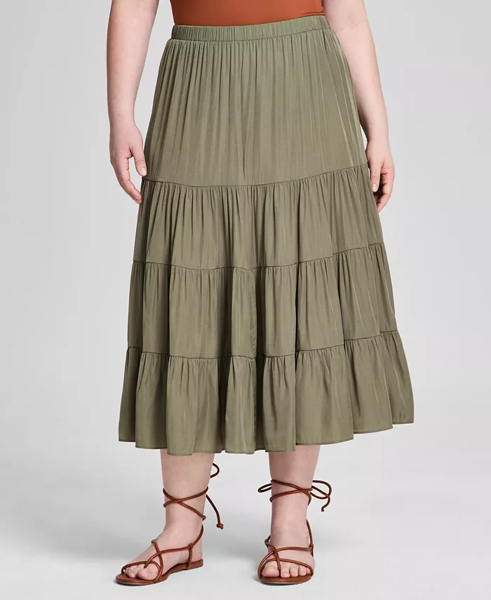 And Now This Plus Size Pull-On Tiered Midi Skirt Women's Fashion Shoes & Accessories