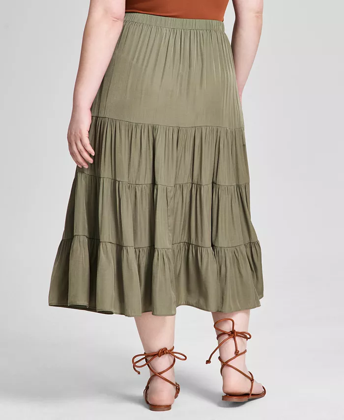 And Now This Plus Size Pull-On Tiered Midi Skirt Women's Fashion Shoes & Accessories