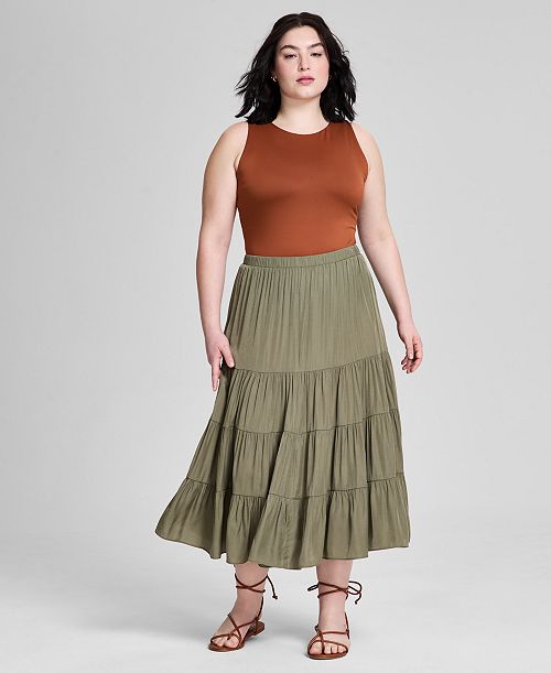 And Now This Plus Size Pull-On Tiered Midi Skirt Women's Fashion Shoes & Accessories