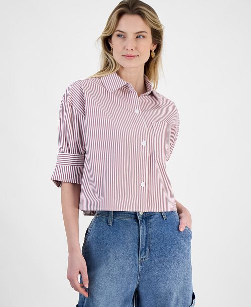 And Now This Women's Cotton Relaxed-Fit Striped Shirt Women's Fashion Shoes & Accessories