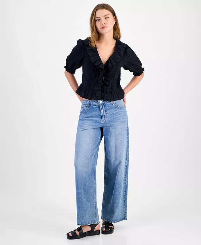 And Now This Women's Cotton Ruffled Cropped Elbow-Sleeve Blouse Exclusively At Macy's Women's Fashion Shoes & Accessories