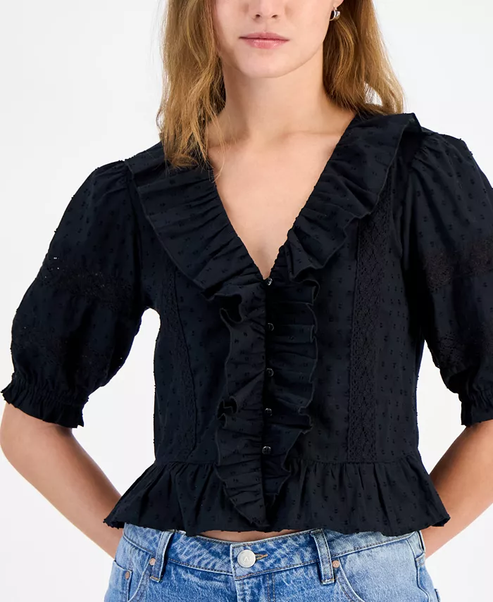 And Now This Women's Cotton Ruffled Cropped Elbow-Sleeve Blouse Exclusively At Macy's Women's Fashion Shoes & Accessories