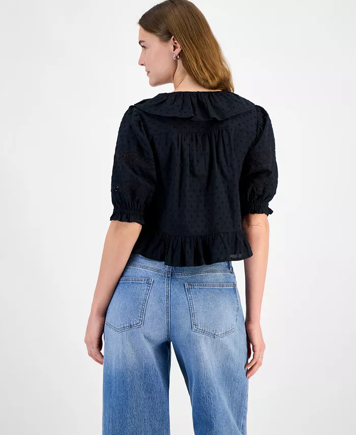 And Now This Women's Cotton Ruffled Cropped Elbow-Sleeve Blouse Exclusively At Macy's Women's Fashion Shoes & Accessories
