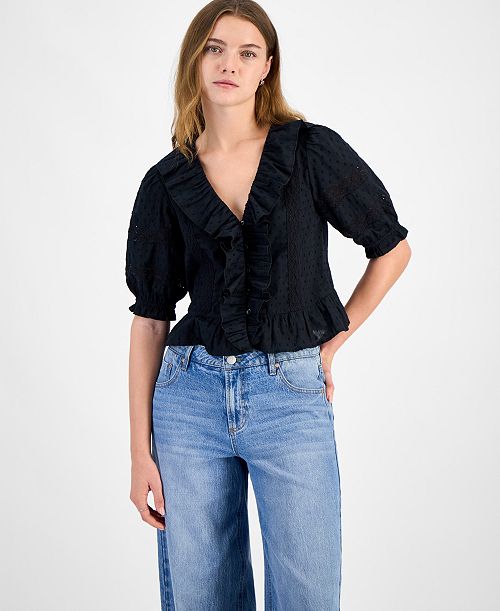 And Now This Women's Cotton Ruffled Cropped Elbow-Sleeve Blouse Exclusively at Macy's Women's Fashion Shoes & Accessories